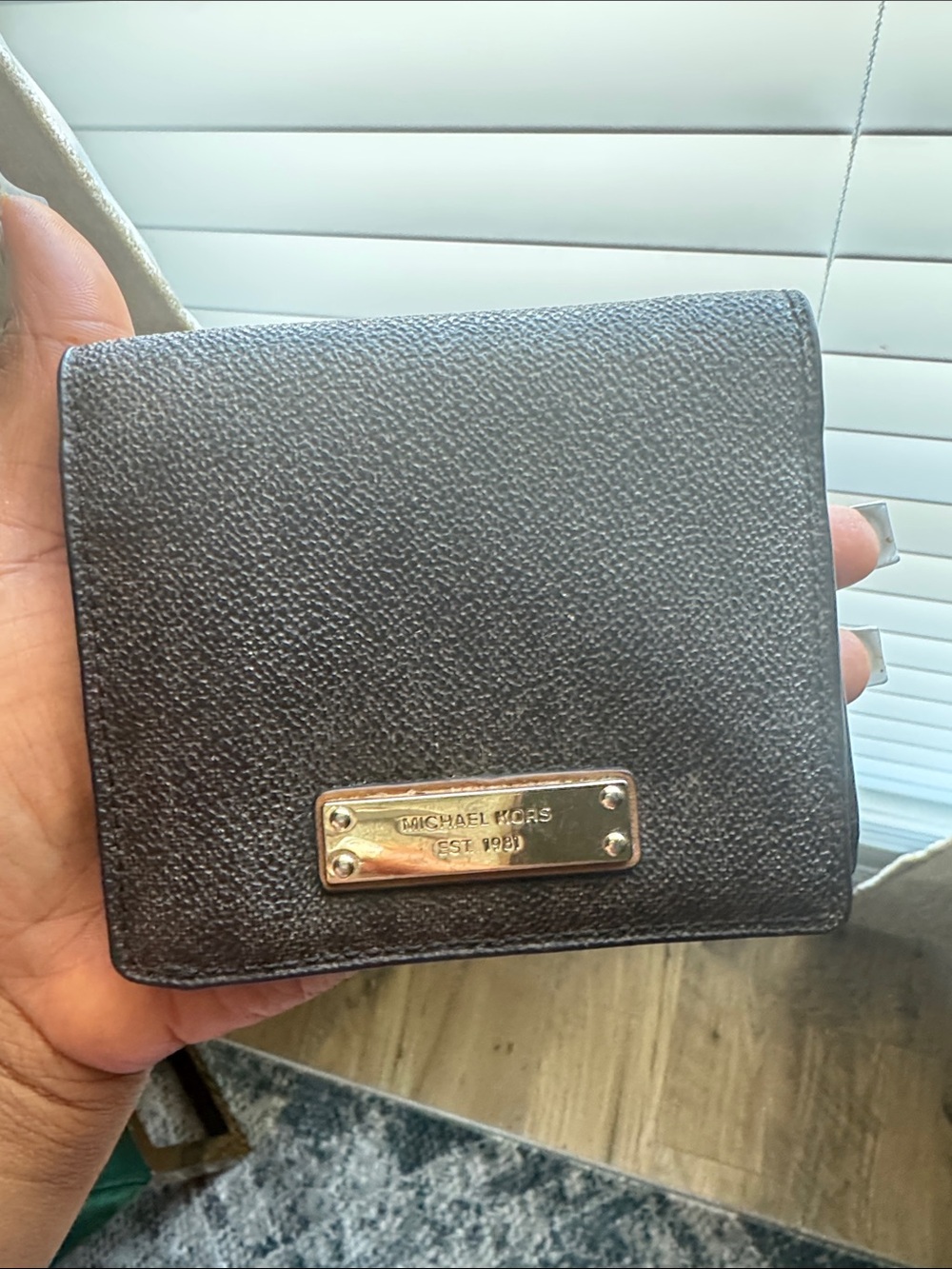 Michael Kors Dark Brown Leather Compact Wallet with Gold Plaque